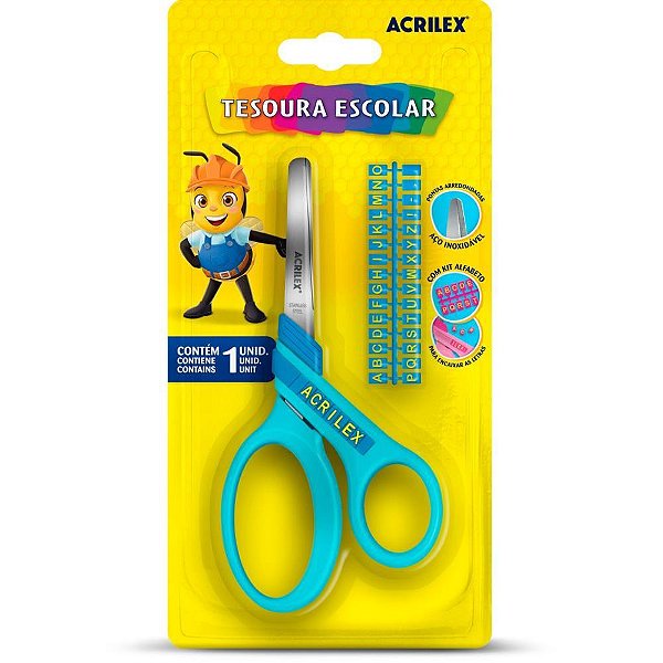 Tesoura Escolar Letras Azul Caixa com 12 Unidades