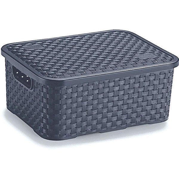 Caixa Plástica Multiuso Rattan com Tampa Chumbo Pequena 4 Litros