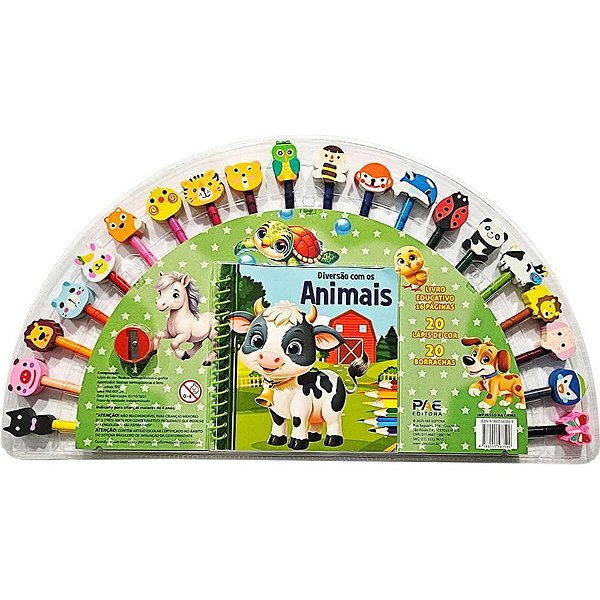Livro Brinquedo Ilustrado KIT Divertido Animais com 20 Lápis de COR e 20 Borrachas