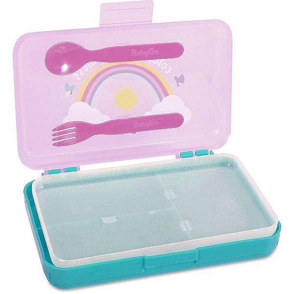 Pote Plástico Porta Refeição com Talheres Rosa Divisória Interna
