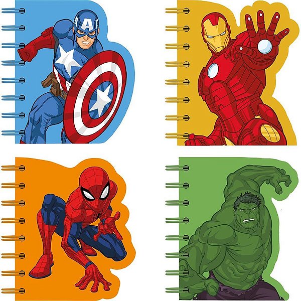 Caderneta Espiral Capa Dura Marvel Heroes 60 Folhas Recortado (pacote com 4)