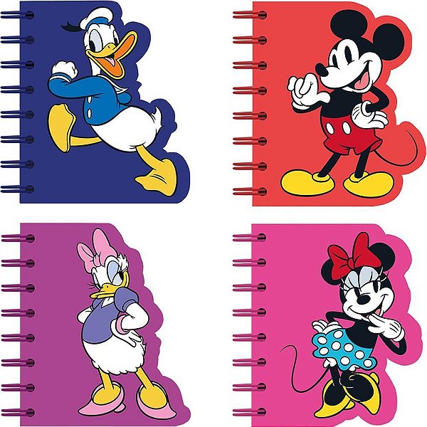Caderneta Espiral Capa Dura Mickey e Turma 60 Folhas Recortado Pacote com 4