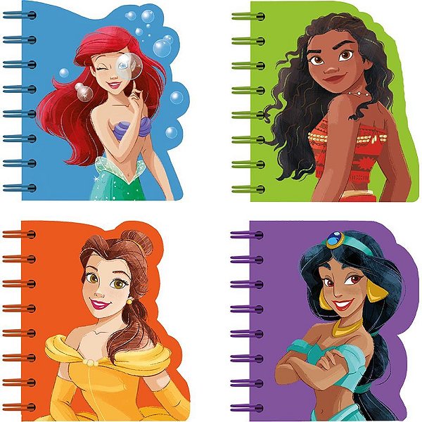 Caderneta Espiral Capa Dura Princesas 60 Folhas Recortado (pacote com 4)