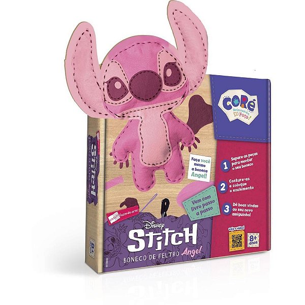 Livro Brinquedo Ilustrado STITCH ANGEL com Boneco de Feltro Rosa para Costurar