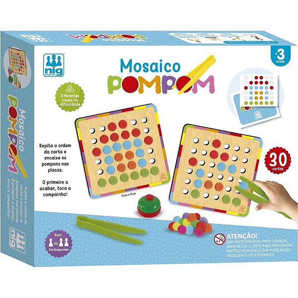 Brinquedo Educativo Mosaico Pompom com Pinça e Cartas Montessori