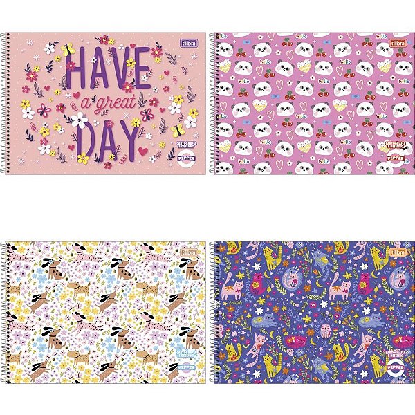 Caderno Desenho Universitário Capa Dura Pepper Espiral 80 Folhas Feminino Pacote com 4