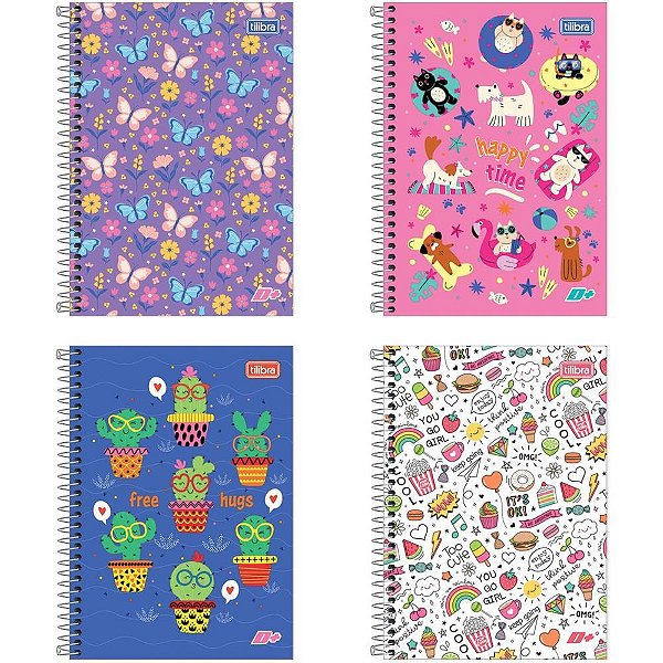 Caderno Espiral 1/4 Capa Dura D+ 200 Folhas Feminino Pacote com 4