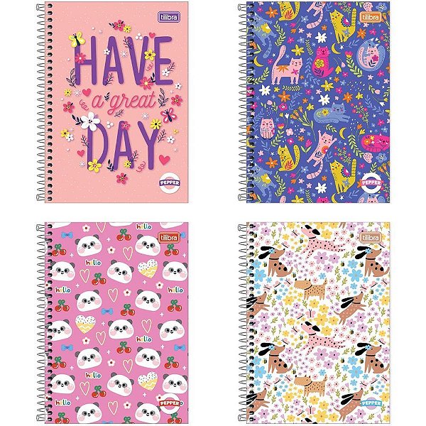 Caderno Espiral 1/4 Capa Dura Pepper 80 Folhas Feminino Pacote com 4