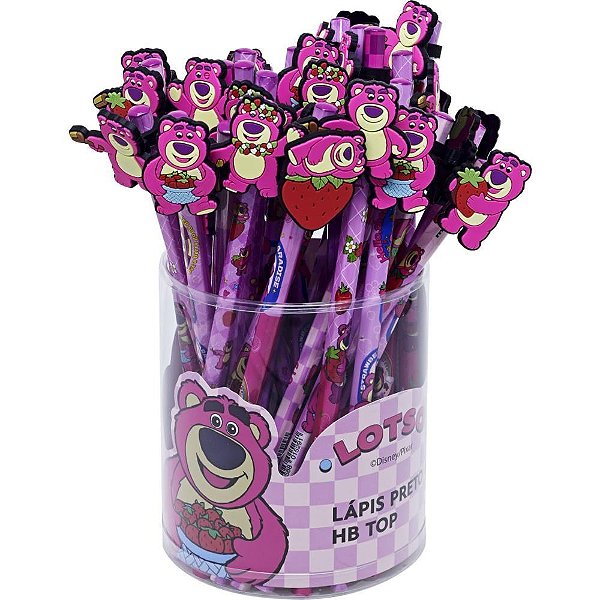 Lápis Preto Sextavado Decorado Lotso TOP com Borracha – Pote com 36 Unidades