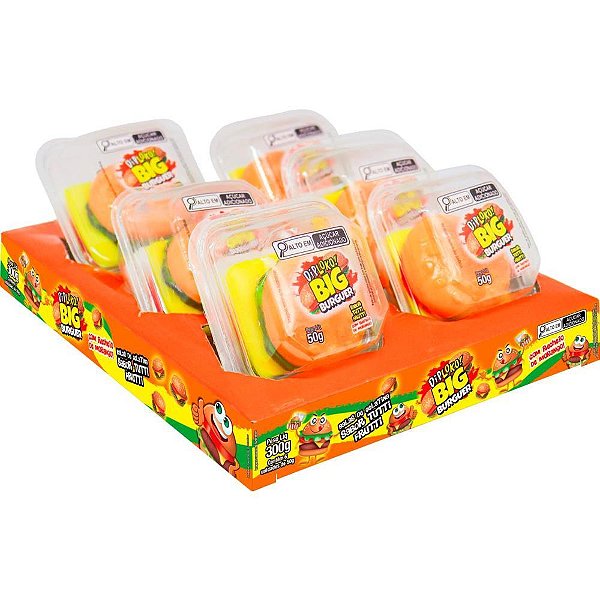 Doce BIG Burguer Balas de Gelatina TUTTI-FRUTTI com Recheio de Morango Display com 6 Unidades