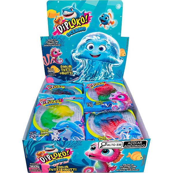 Doce Oceano GUMMY Balas de Gelatina Animais Marinhos Tutti Frutti Display com 24 Unidades