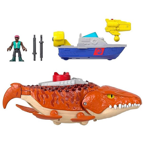 Imaginext JW Rebirth Mosasaurus com SOM, Movimento e Barco Patrulha