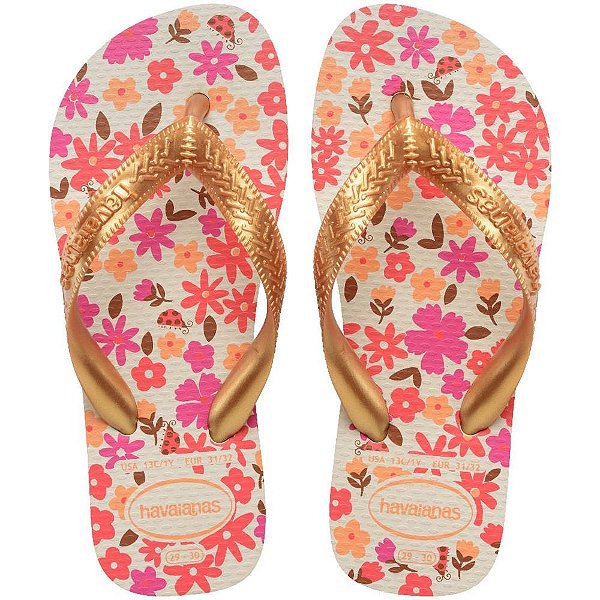 Chinelo Havaianas Infantil KIDS Flores 23/24 BEGE/DOURADO PAR