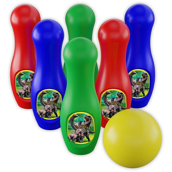 Boliche Dinossauros com 6 Pinos + Bola Colorido em Plástico Durável