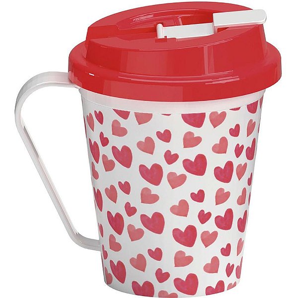 Caneca Decorada Corações com Tampa 350ML Elegante e Funcional