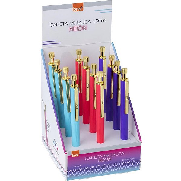 Caneta Esferográfica Metálica Neon 1.0MM com CLICK Display com 12 Unidades