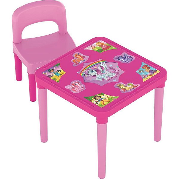 Mesinha e Cadeira Infantil Unicórnio com Adesivos e Espaço Lateral