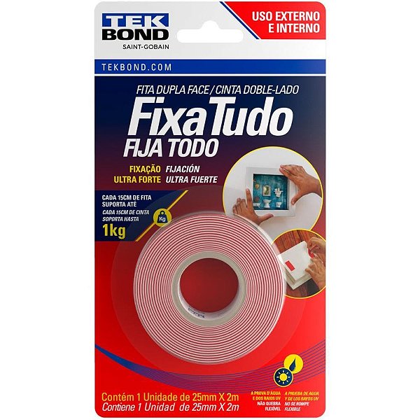 Fita Dupla Face Fixa Tudo Tekbond Acrílica USO Externo 25MM X 2M