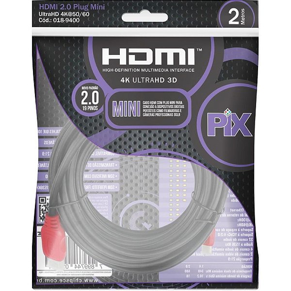 Cabo HDMI Mini HDMI para HDMI 2.0 4K 2 Metros