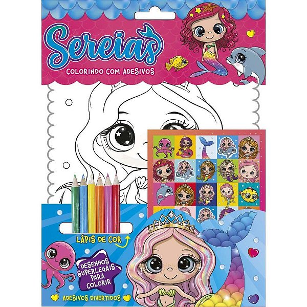 Livro Infantil Colorir com Adesivos Sereias