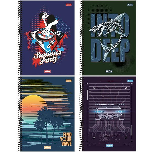 Caderno 01X1 Capa Dura HIGH Masculino 80 Folhas Pacote com 4 Unidades