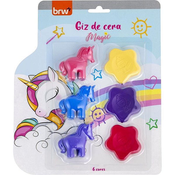Giz de Cera Curto Magic 6 Cores Unicórnio e Estrela Blister