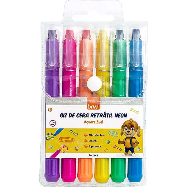 Giz de Cera Jumbo Retrátil Neon 6 Cores Aquarelável com Tampa