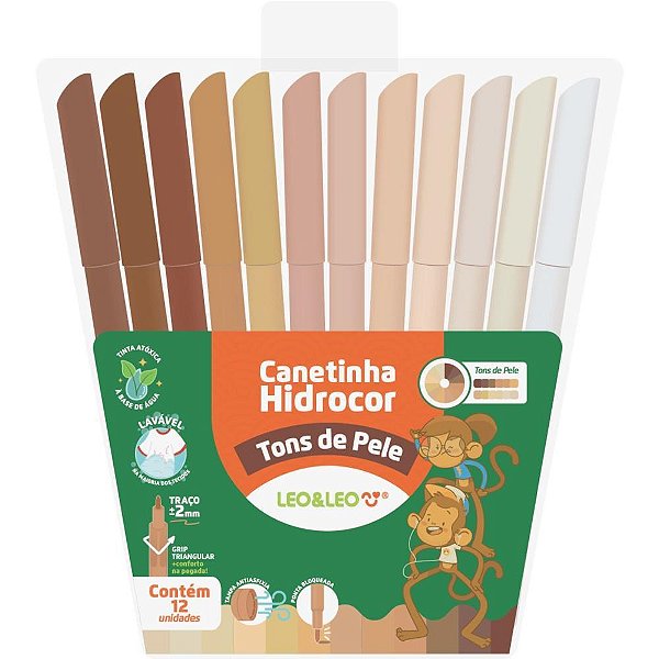 Caneta Hidrográfica LEO&LEO TONS de Pele Estojo com 12 Cores