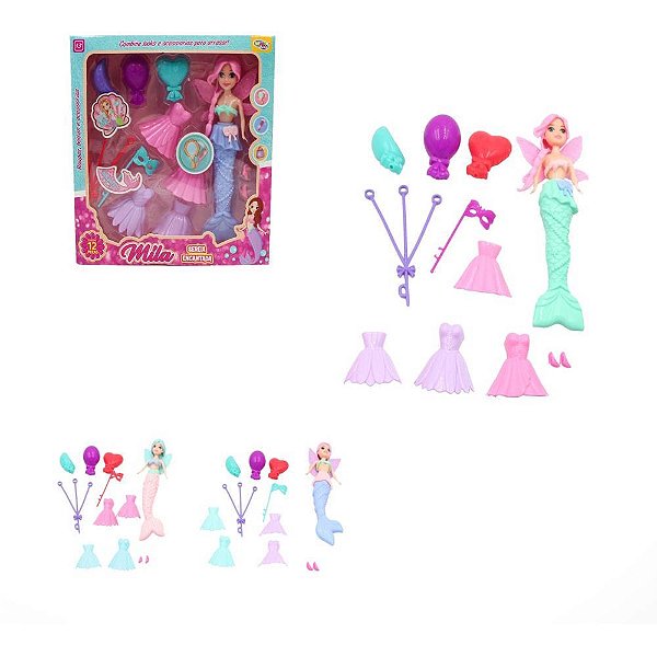 Boneca Mila Sereia Encantada com 12 Peças Sortidas