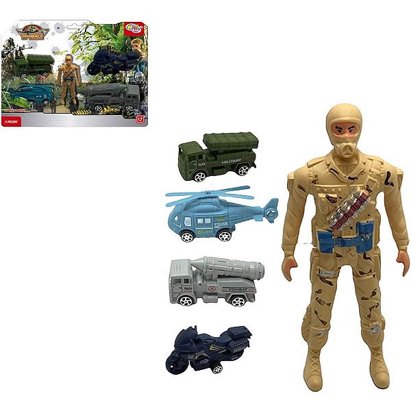 Boneco Militar com 4 Carros a Fricção 5 Peças Blister