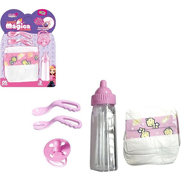 Brincando de Casinha KIT Mamadeira Mágica com Fraldinha (5 Peças)