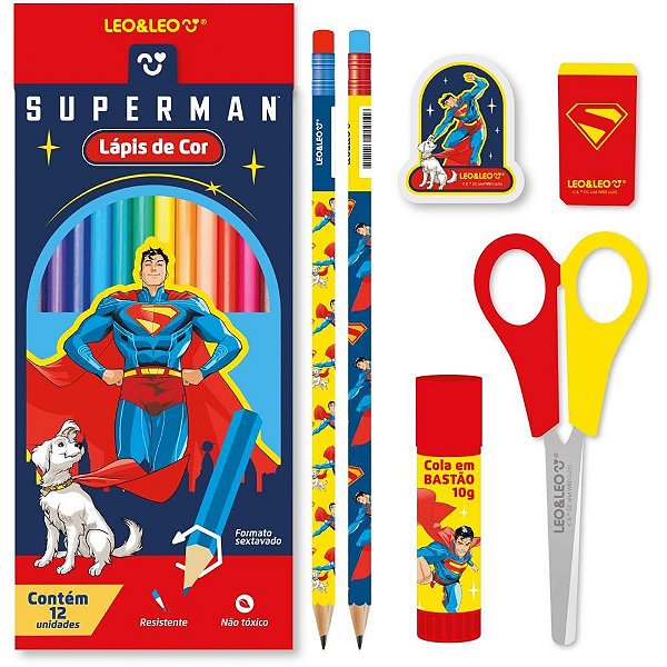 Kit Escolar Superman com 12 Lápis de COR + 6 ITENS Criativos (blister)