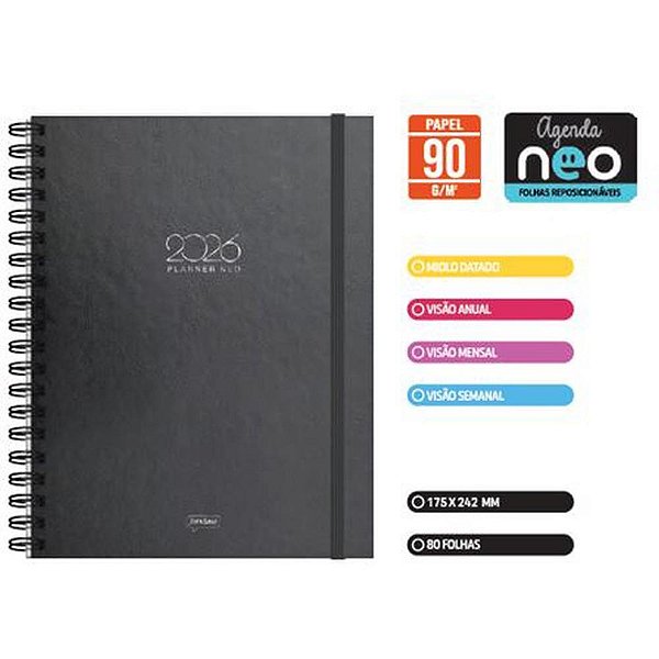 Planner 2026 Neo Office Preto Capa Dura Espiral 80 Folhas 175X242MM