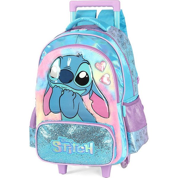 Mochila Infantil com Rodinha STITCH Azul G com Cetim e Pelúcia