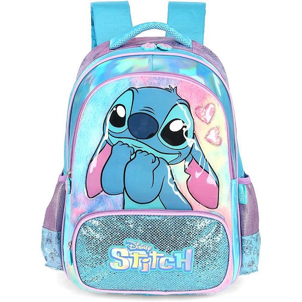 Mochila Infantil STITCH Azul G com Cetim e Pelúcia