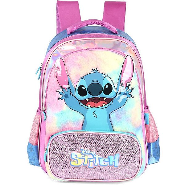 Mochila Infantil STITCH Roxa em Cetim com Pelúcia