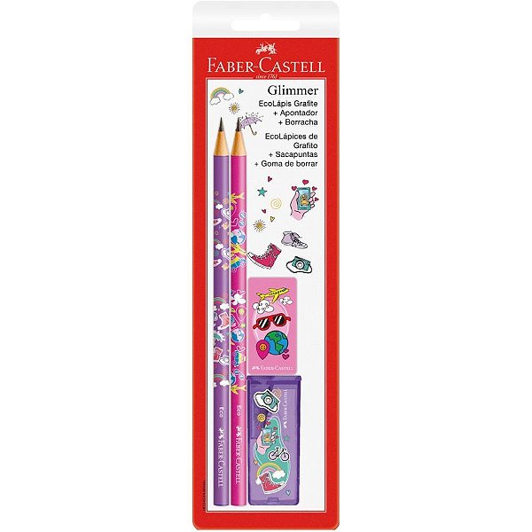 Kit Escolar Glimmer Viagem com 2 Lápis, 1 Apontador e 1 Borracha