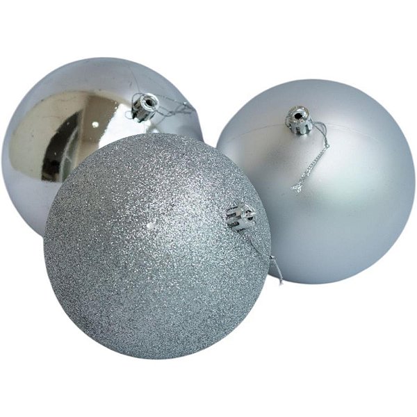Bola de Natal 10CM Fosca Metálica Glitter Prata Pacote com 3