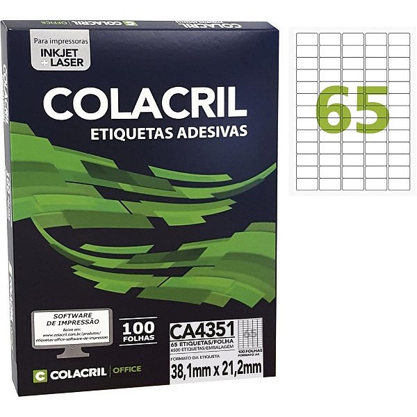 Etiqueta A4 21,2X38,1MM 100 Folhas Pacote com 6500 Etiquetas