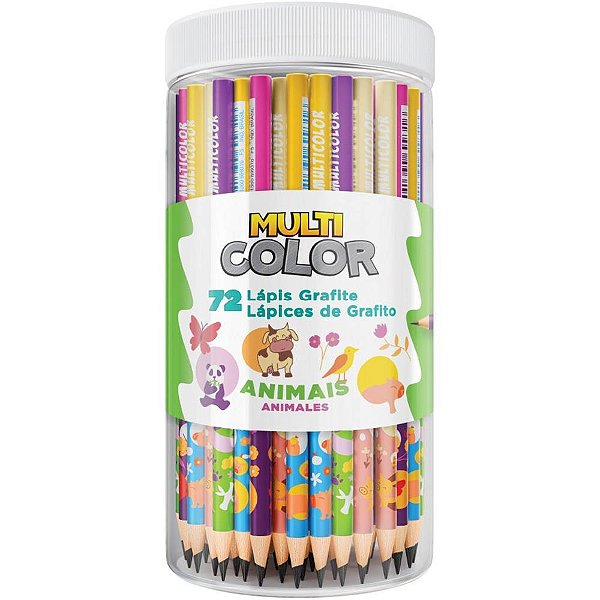 Lápis Preto Redondo Multicolor Grafite Animais Pote com 72 Unidades