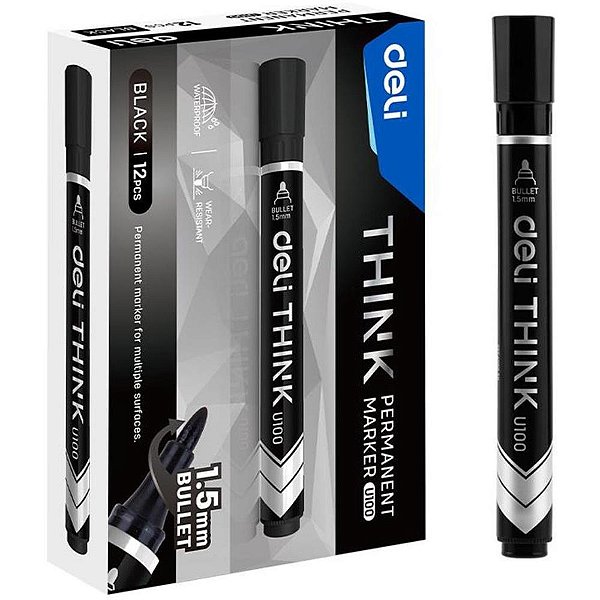 Pincel Marcador Permanente Ponta Bullet Redonda 1,5MM Preto Caixa com 12 Unidades