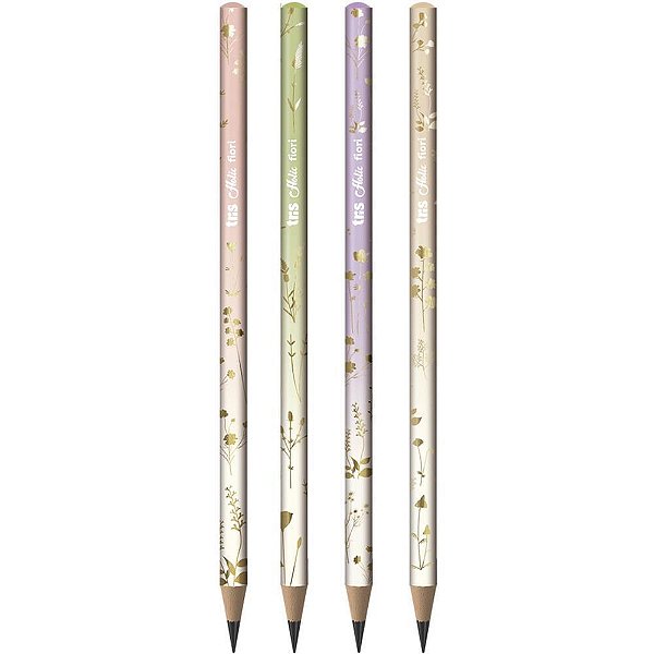 Lápis Preto Redondo Decorado TRIS Fiori Floral 4 Cores Pote com 48