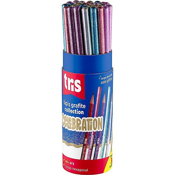 Lápis Preto Sextavado TRIS Celebration Glitter 6 Cores Pote com 36
