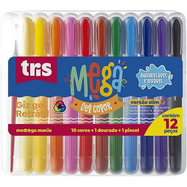 Giz de Cera Jumbo TRIS Retrátil GEL 12 Cores Pacote com 4