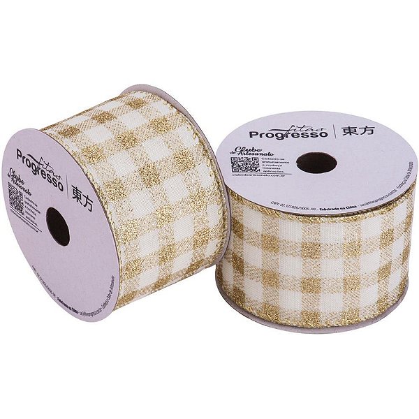 Fita ARAMADA Natal 63MM X 10M Xadrez Natalino BRANCO/DOURADO