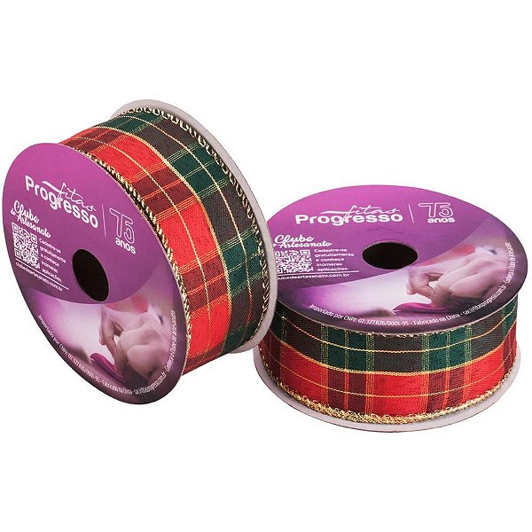 Fita ARAMADA Natal 38MM X 10M Xadrez Natalino com Dourado