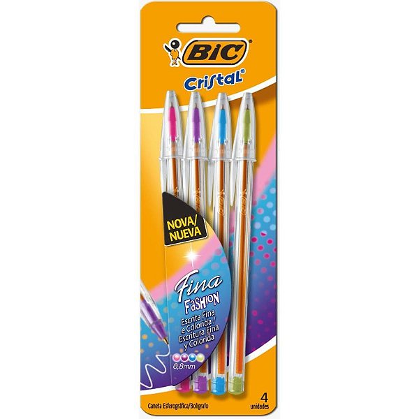 Caneta Esferográfica Cristal Fina Fashion 4 Cores Blister