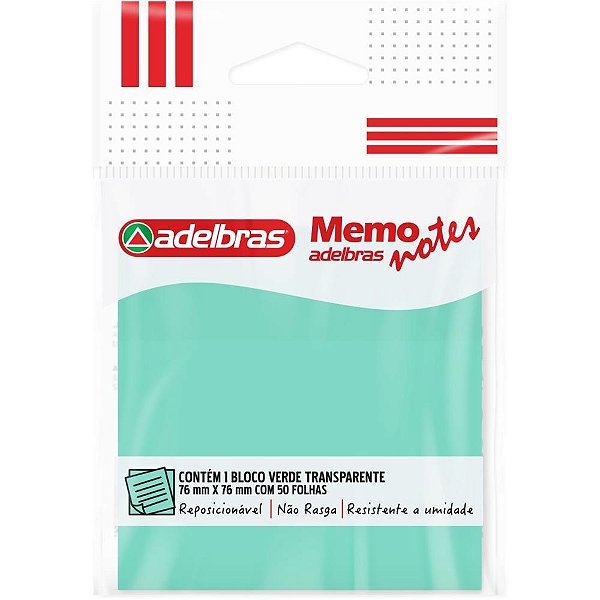 Bloco de Recado Autoadesivo Memonote Transparente 76X76 Verde