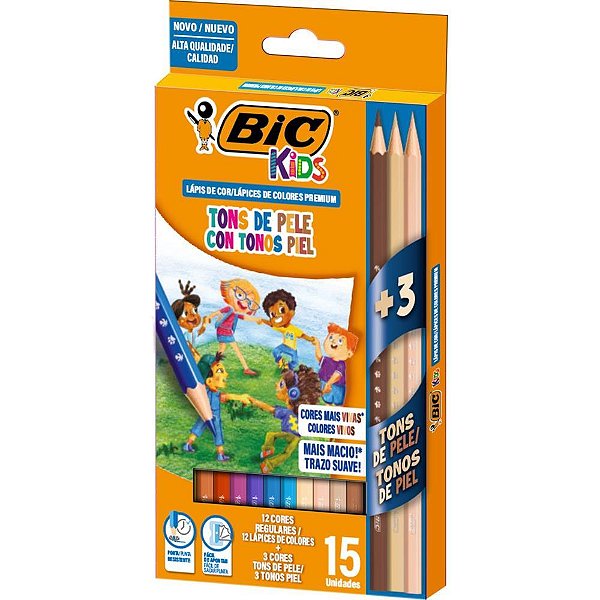 Lápis de COR Sextavado BIC KIDS 12 Cores + 3 TONS de Pele Pacote com 6
