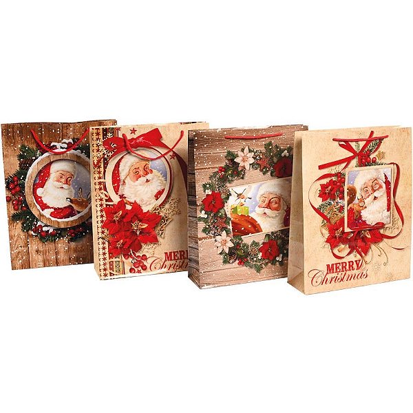 Sacola para Presente Natal Papai Noel 26X32X9CM (pacote com 12 Unidades)